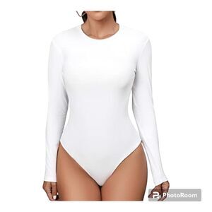 Mangdiup Long Sleeve Bodysuit Solid White Essentials Cotton Plus Size 3XL
